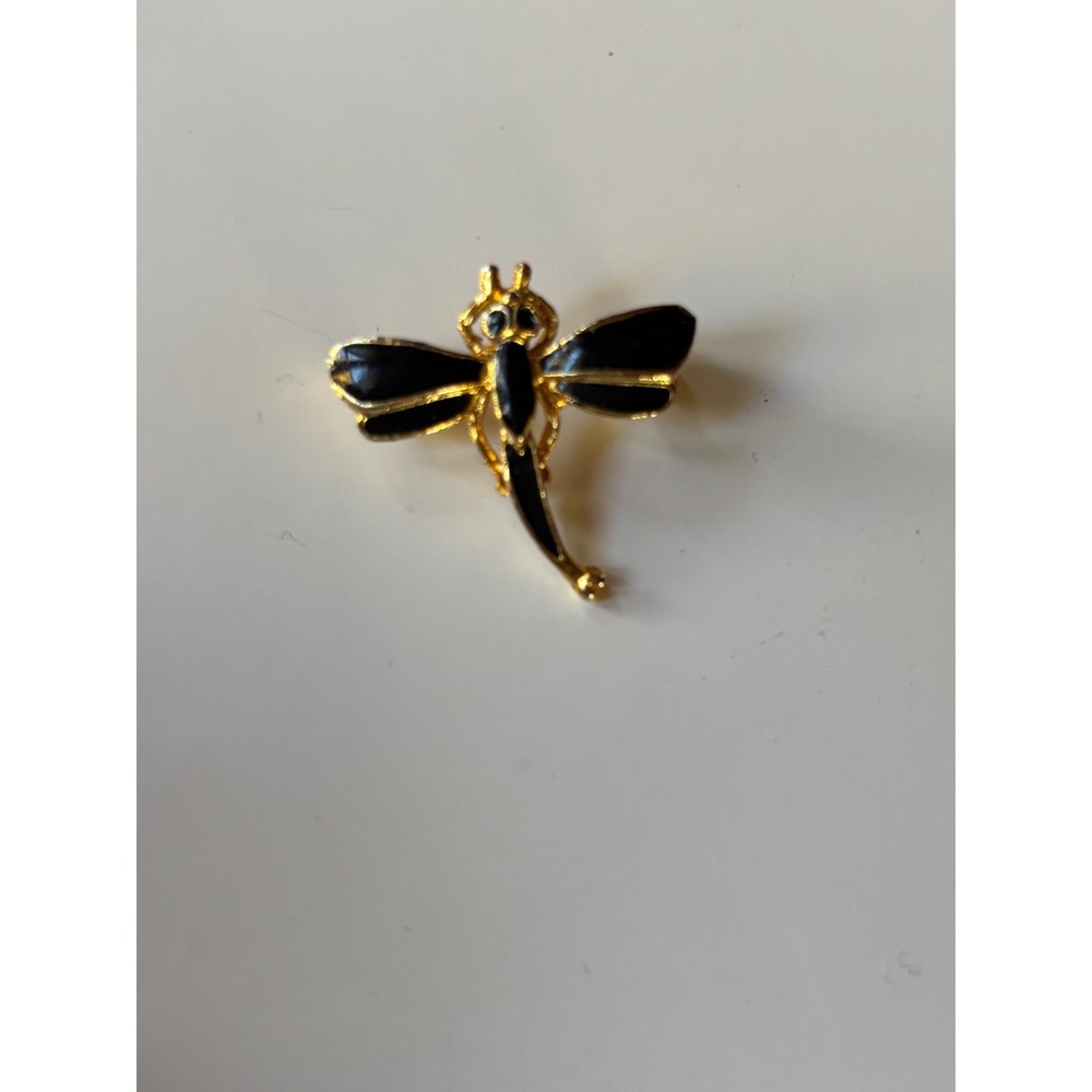 Gold Tone Black Enamel Dragonfly Brooch Insect Pin Whimsical Jewelry